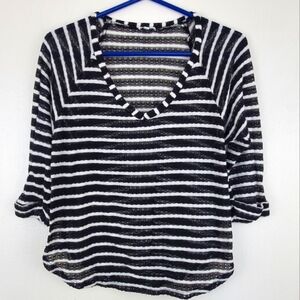 Splendid Women’s Knit Top V Neck 3/4 Sleeve Black White Stripe Hearts Sz Medium